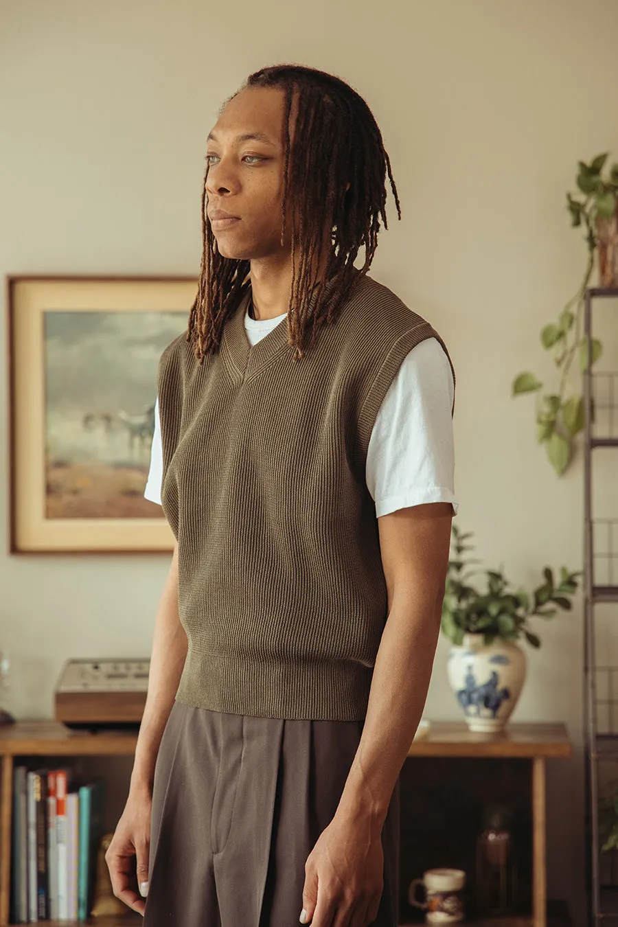 Flat Yarn Rib Knit Vest - Khaki